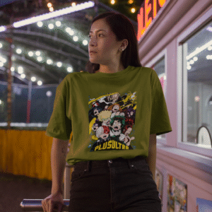 mockup of a woman wearing a unisex t shirt at a fair admission booth 22974